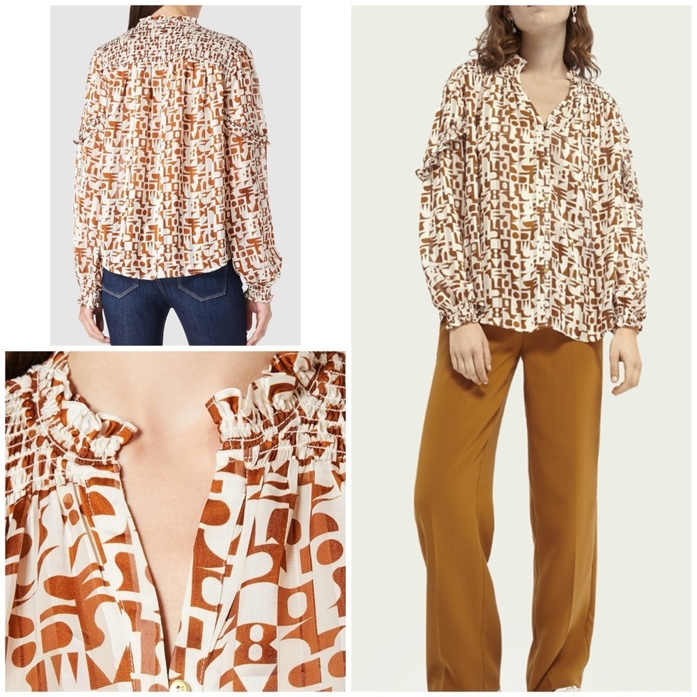SCOTCH & SODA Printed Sheer Shirt with All Over Print Pattern Geo Ruffle Blouse‍